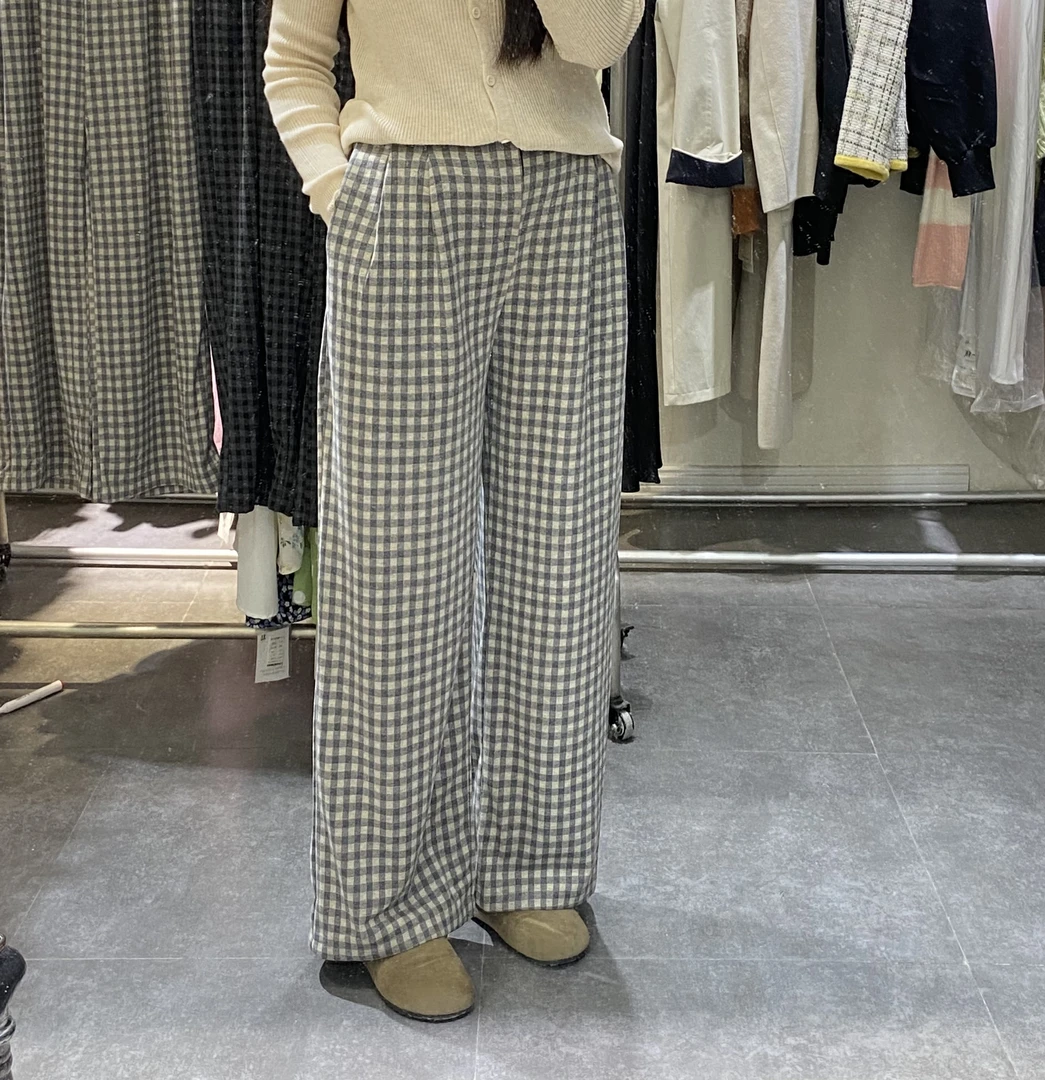 秋季新款复古格子女裤半松紧垂感宽松百搭显瘦直筒阔腿裤