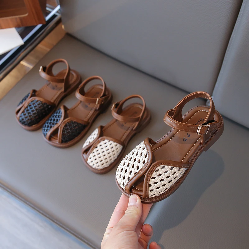 女童编织包头凉鞋2025夏季新款复古儿童凉鞋中大童鞋软底公主鞋潮