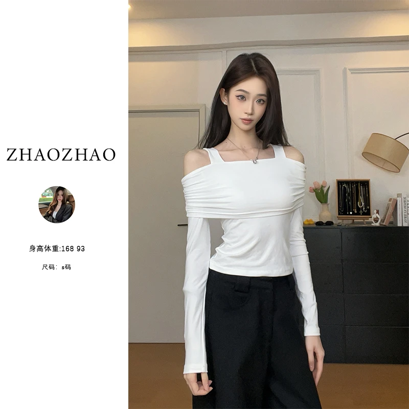 【ZHAOZHAO】春季新款韩版一字肩设计感打底衫女修身百搭性感上衣