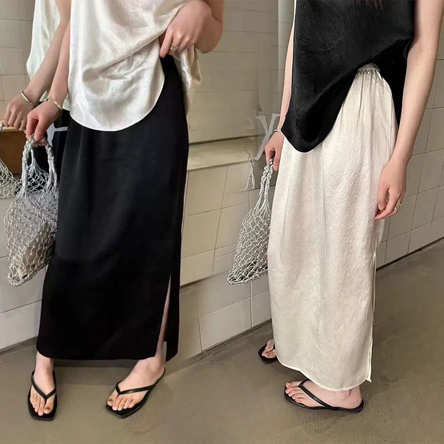 垂感丝滑缎面开叉直筒包臀中长款半身裙夏季薄款高腰显瘦气质休闲