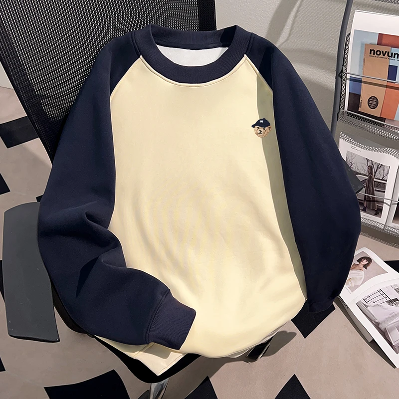 Dekkry潮流校园风小熊印花秋冬圆领插肩卫衣加绒男女撞色套头上衣