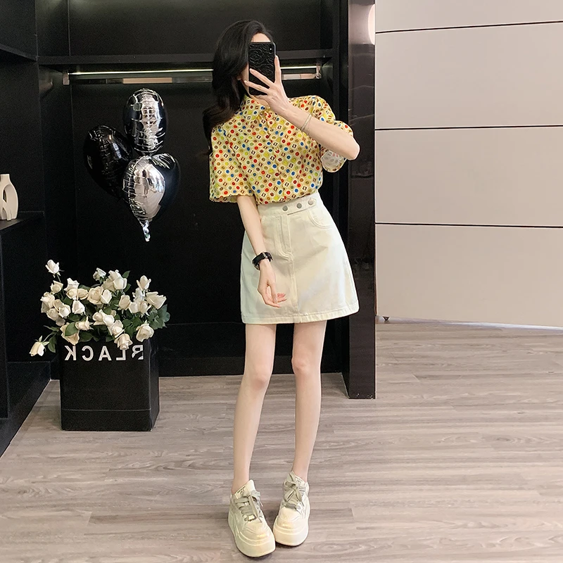 港风复古翻领短袖碎花衬衫女2025夏季小众减龄白色牛仔裙套装女