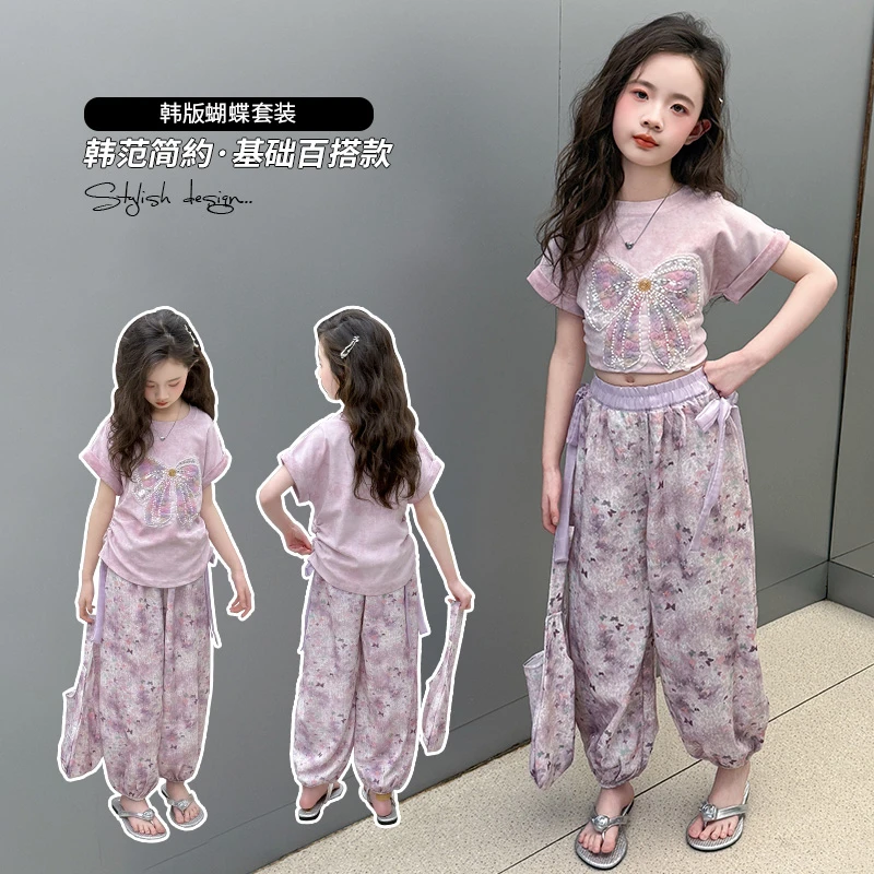女童夏季韩版烫钻蝴蝶结短袖套装中大童女孩洋气碎花萝卜裤两件套