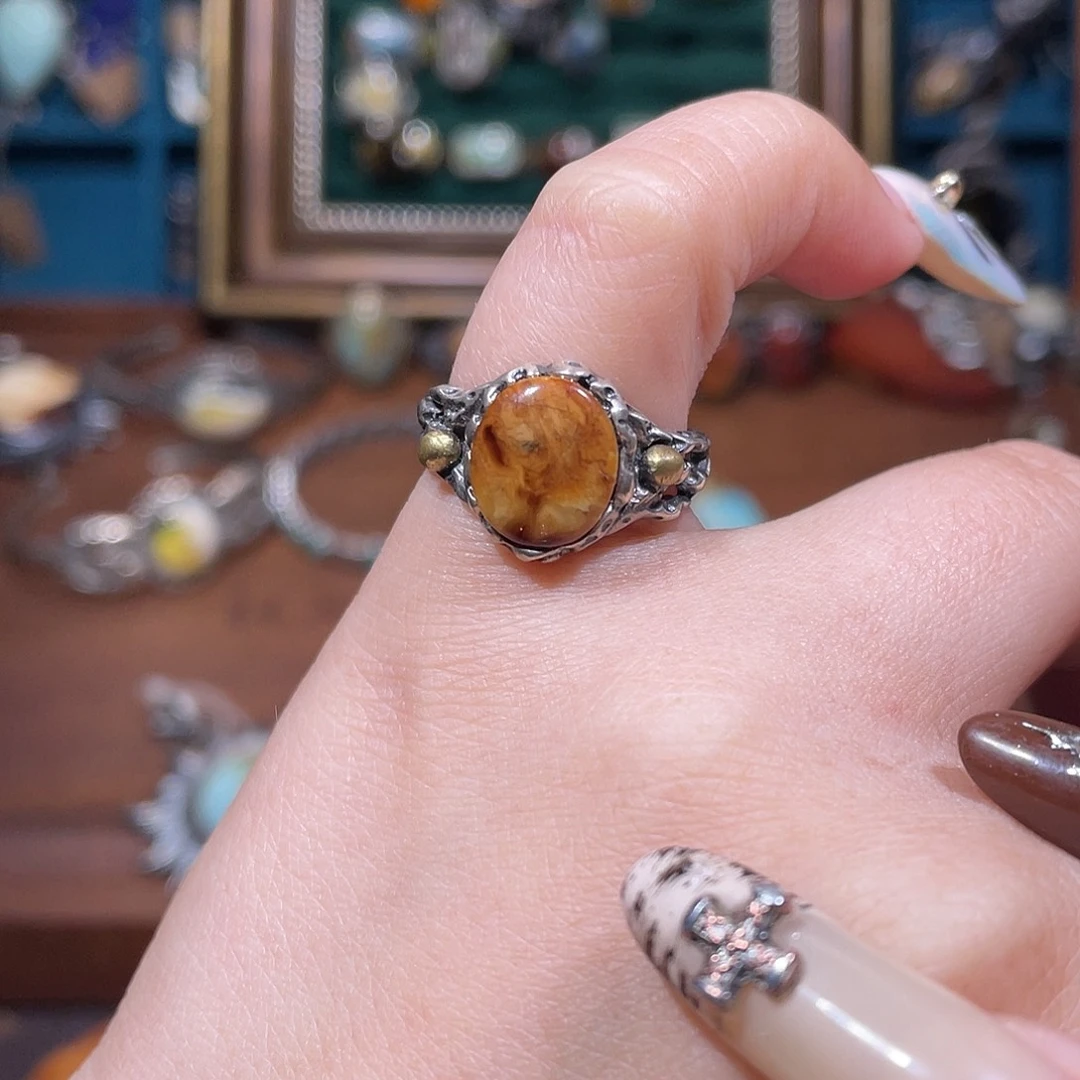 琥珀银S925镶嵌戒指戒指