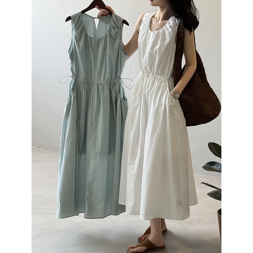 夏季法式收腰无袖连衣裙裙子长裙显瘦高腰设计感女装韩系气质宽松