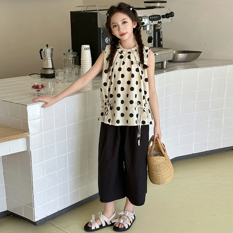 女童夏季甜酷套装2025新款时尚波点中大童韩版时尚复古两件套