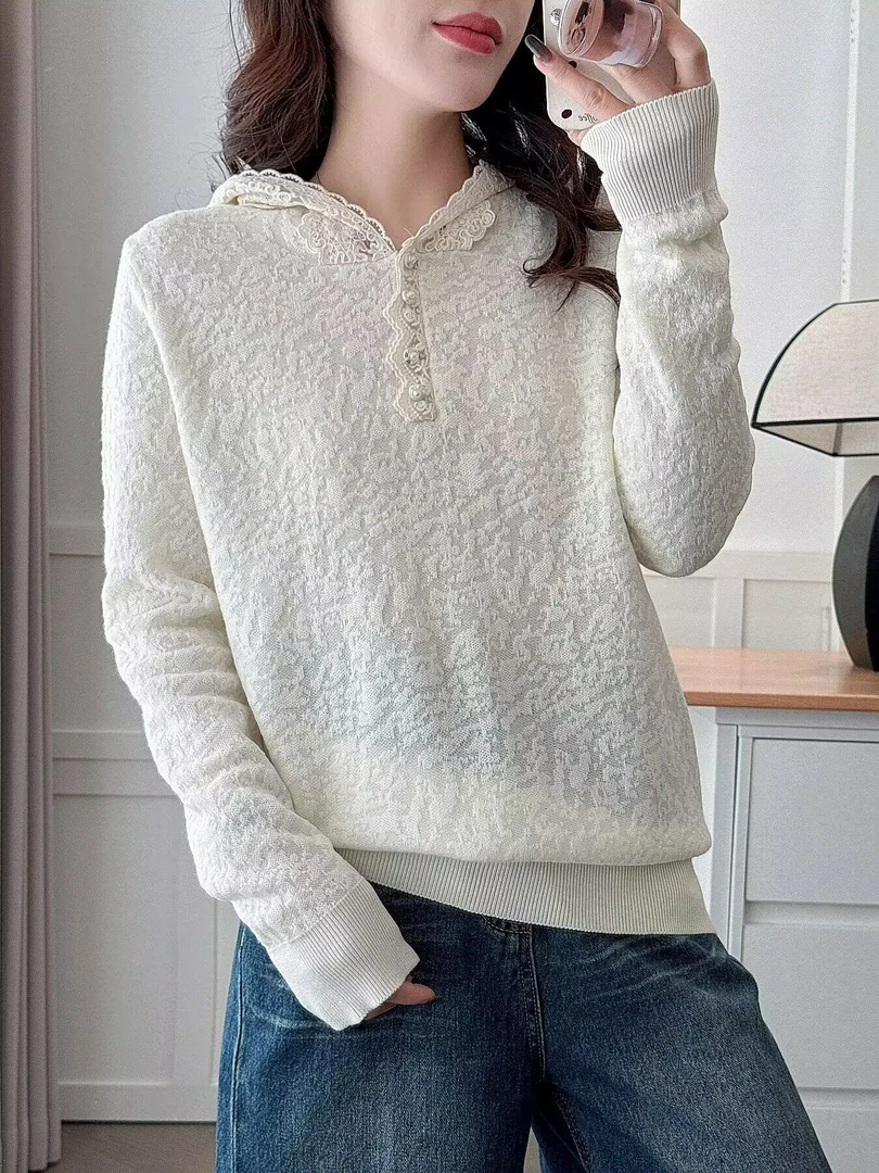 大码胖mm时尚百搭洋气减龄蕾丝连帽毛针织衫