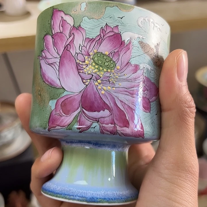 手绘高足可乐杯杯