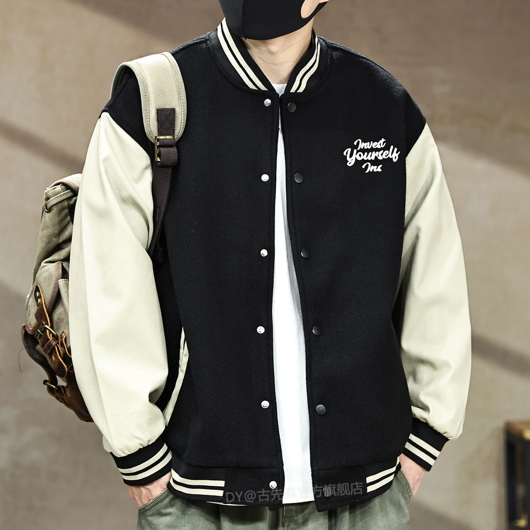 美式高端复古拼接pu皮棒球服外套男士秋季新款情侣刺绣休闲夹克潮