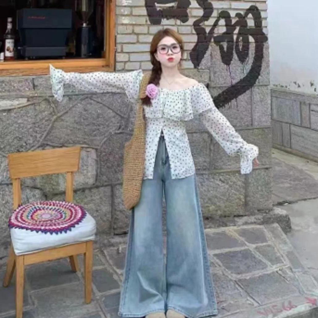 韩系度假风一字肩上衣女2025夏收腰设计感印花荷叶边长袖衬衣潮