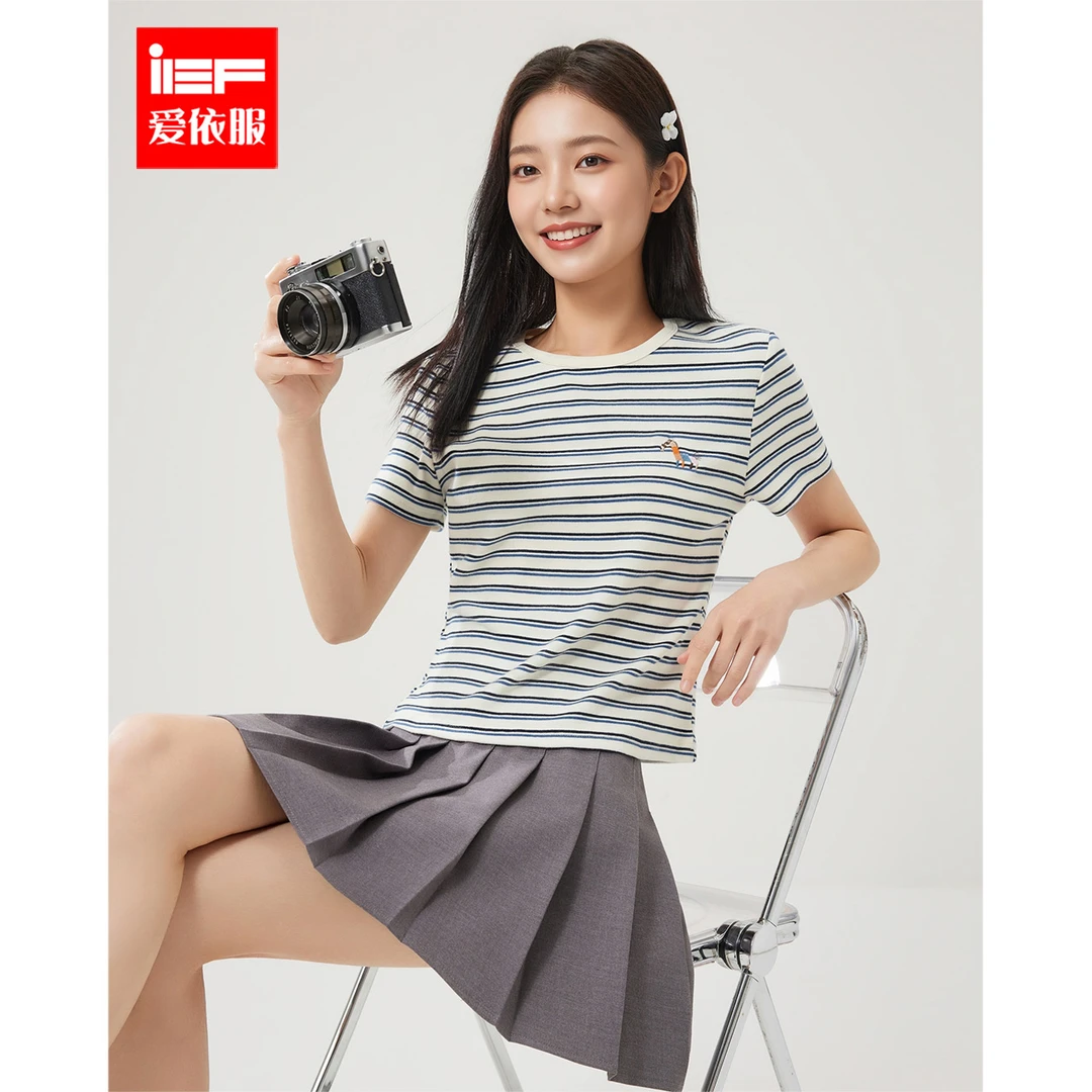 IEF/爱依服上衣2025春夏新款韩版时尚通勤气质条纹显瘦百搭T恤女