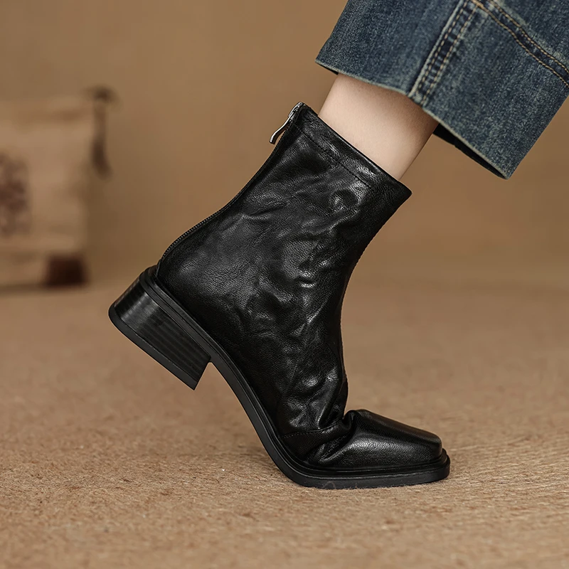 真皮断码清仓防滑厚底方头防水台瘦瘦靴后拉链新款百搭单靴短筒靴