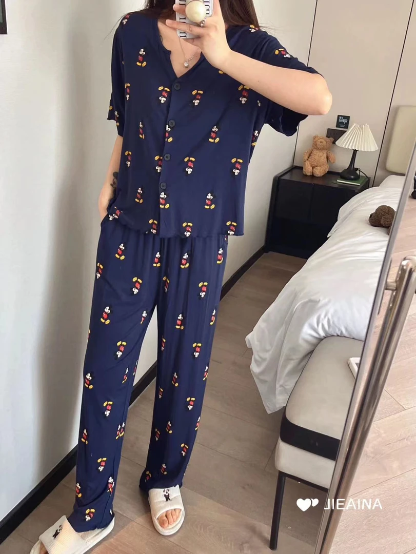 睡衣女夏季莫代尔短袖日系网红米奇长裤薄款中长款睡裙家居服套装