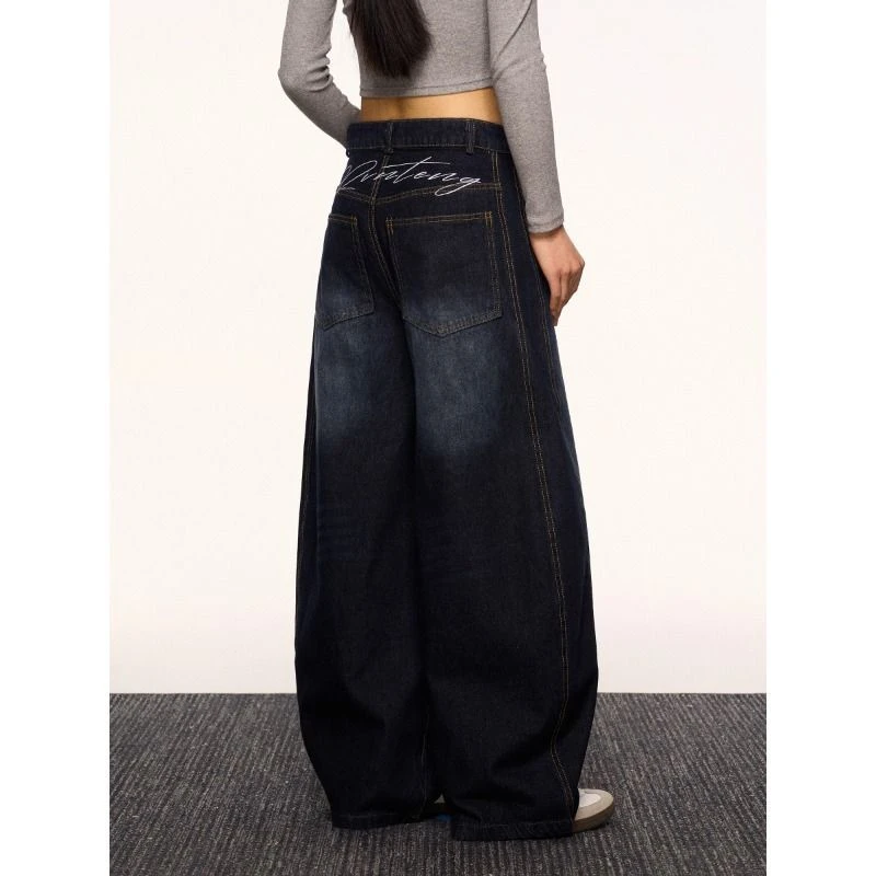 美式复古弯刀牛仔裤男女春秋设计感后腰字母宽松阔腿垂感拖地裤子