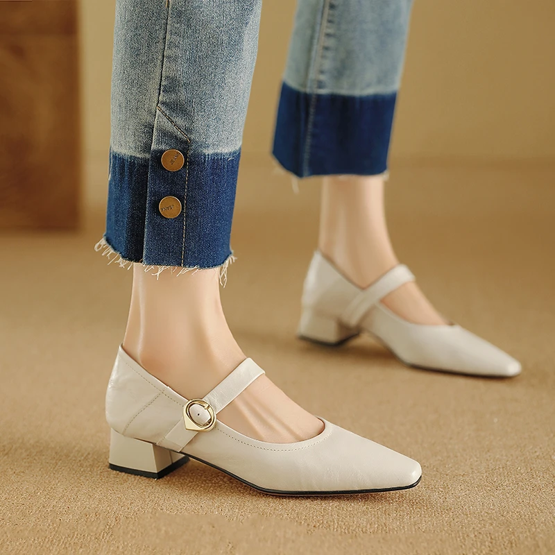3.5CM，羊皮浅口粗跟软底单鞋夏季一字带皮女士浅口粗跟真皮玛丽珍