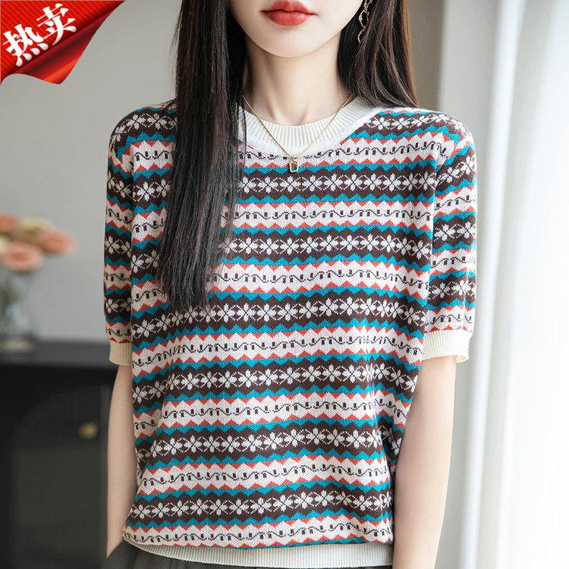 2025夏季新款宽松提花百搭提花条纹圆领针织T恤女士薄款时尚上衣