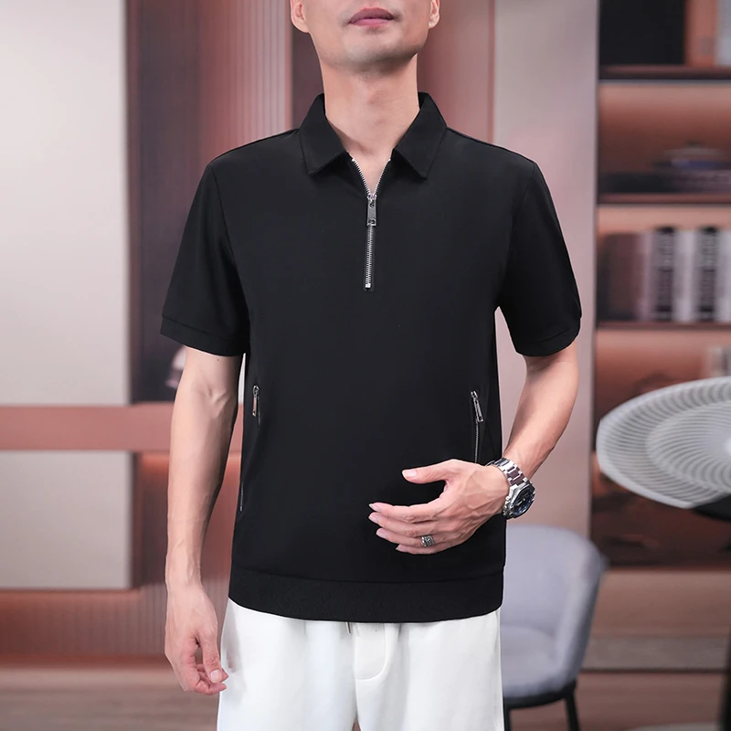 半拉链夏季新款男士百搭时尚中年高品质翻领拉链口袋短袖 F377