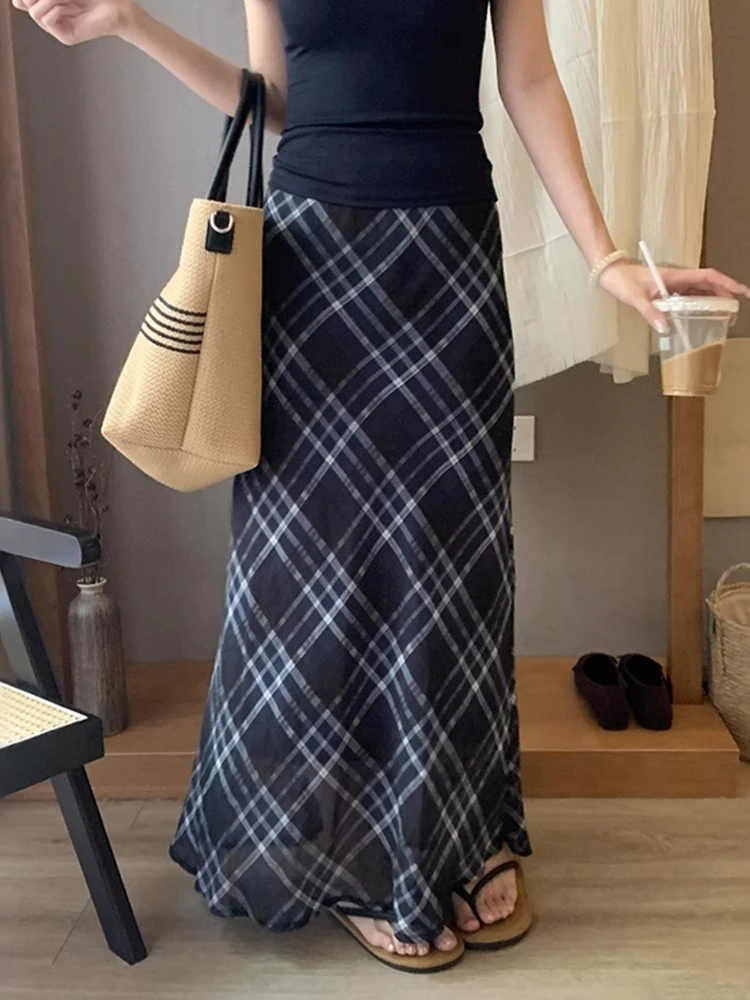 法式撞色格纹雪纺半身裙女夏季大码胖mm梨形身材a字包臀鱼尾长裙