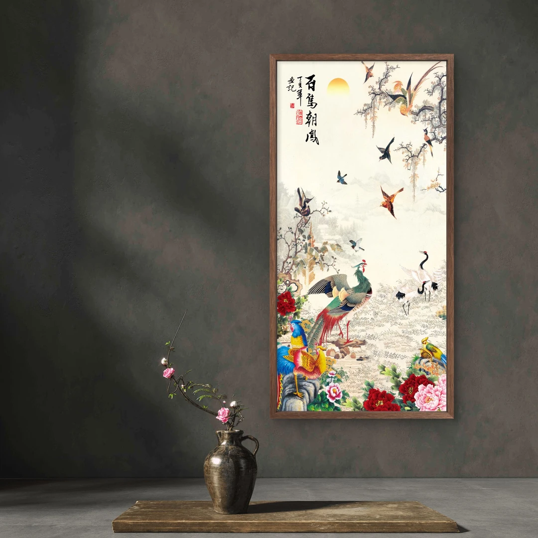 8686-百鸟朝凤35*68中式装饰画木框玄关书房茶室客厅挂画