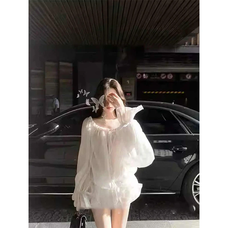 法式一字肩荷叶边长袖衬衫女初春季纯欲气质独特漂亮收腰网纱上衣