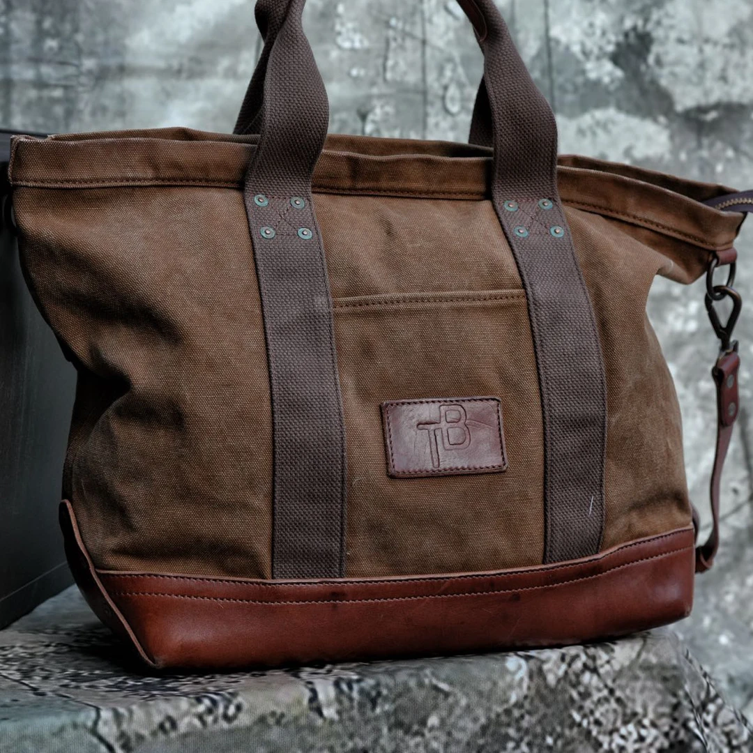 TRAD BAND意大利牛皮拼老布TOTE BAG