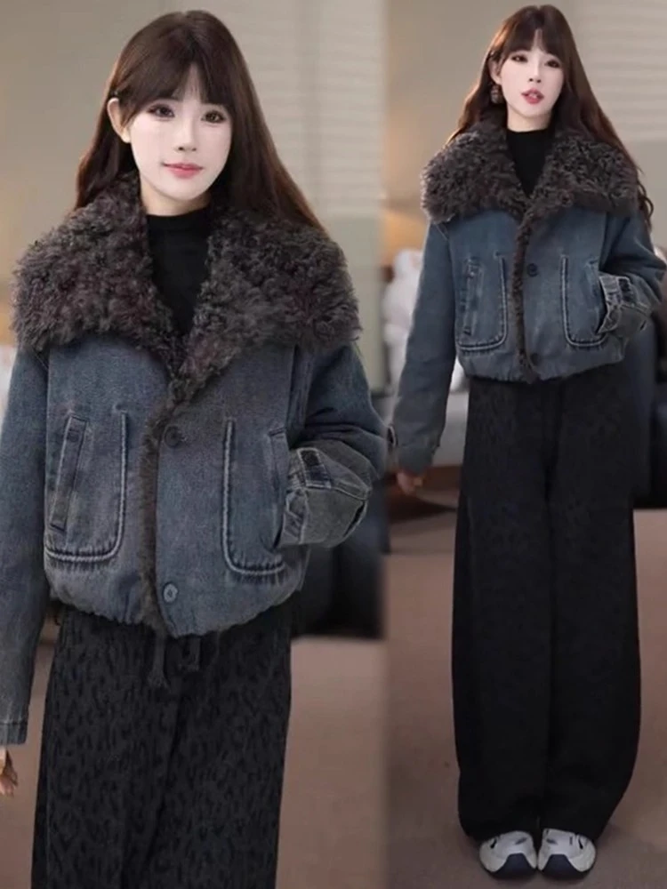 时尚仿羊羔毛大翻领拼接牛仔棉服外套女冬季新款洋气保暖棉袄棉衣