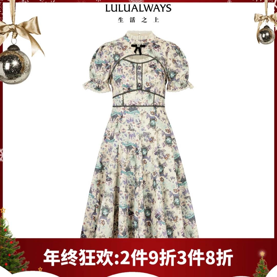 LULUALWAYS我爱露露25夏季新款轻熟风短袖镂空设计收腰显瘦连衣裙