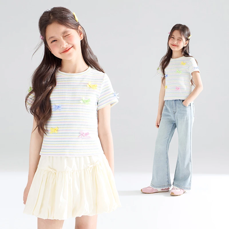MUCMUKN木可童装高弹彩条罗纹蝴蝶结短袖女童夏新款T恤M52XT3863