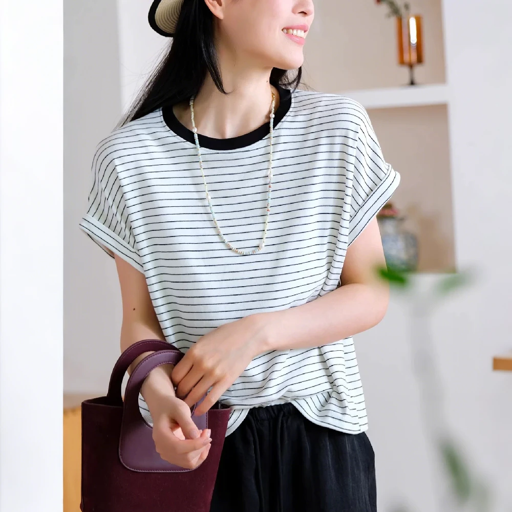 夏季薄款柔软亲肤时尚宽松百搭设计感黑白条纹短袖棉质减龄上衣女