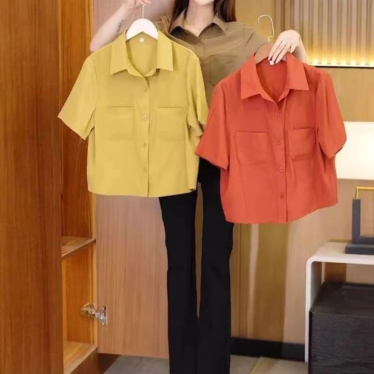 夏季新款短袖纯色衬衣百搭气质名媛时尚百搭设计小个子显瘦上衣女