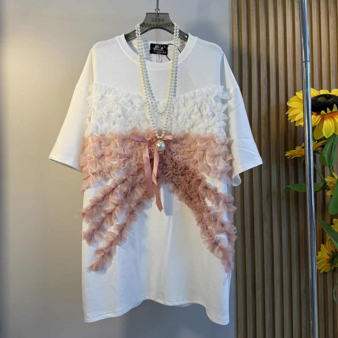 大码女装夏季新款时尚大衫女韩版洋气拼接网纱蝴蝶结短袖T恤上衣