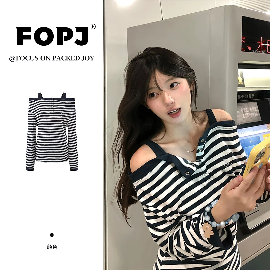 FOPJ刺绣款韩系条纹一字领露肩长袖t恤女春秋新款纯欲风显瘦上衣
