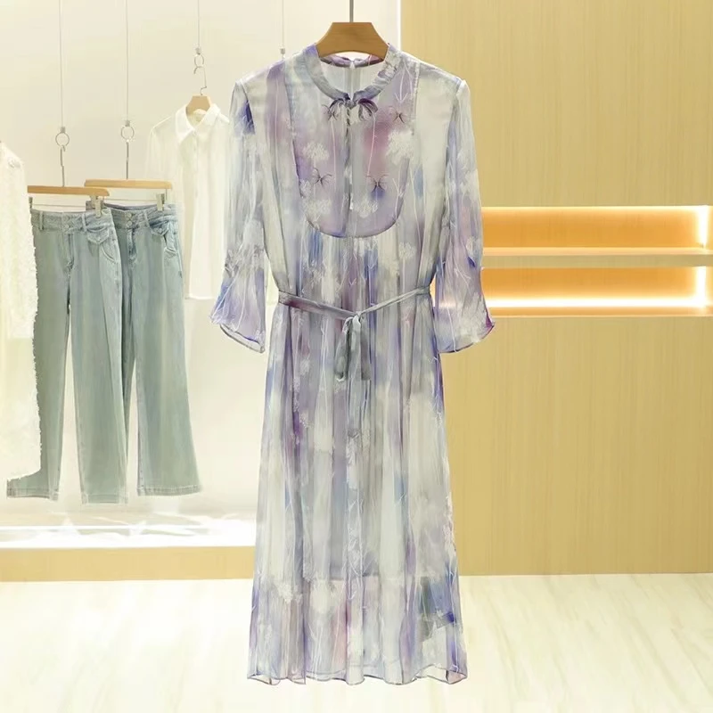 2025年春季新款紫花拼印花真丝连衣裙女宽松收腰绑带桑蚕丝长裙