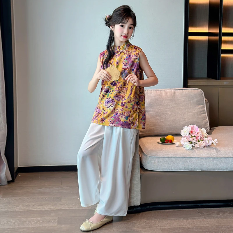 女童夏季套装2025新款儿童洋气新中式国风马甲裙裤休闲两件套夏装