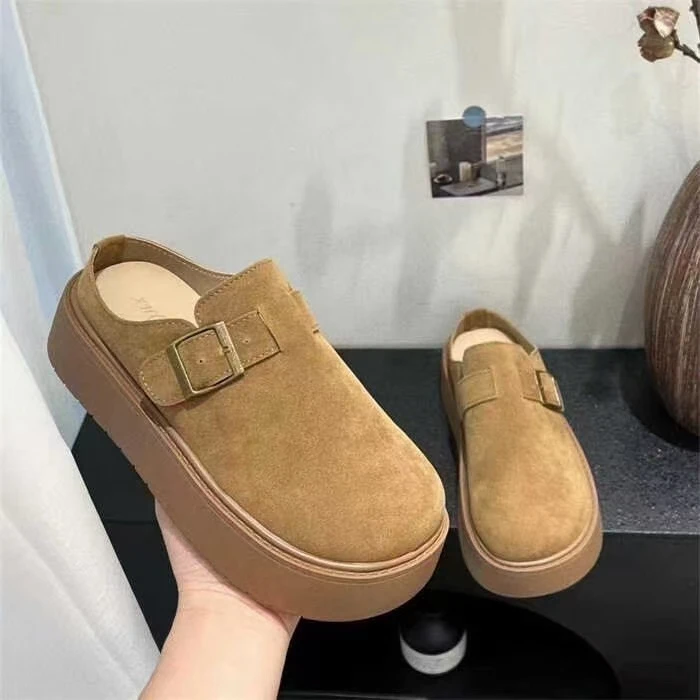 平跟条纹中跟皮带扣百搭厚底包头潮流棕色凉拖包头拖百搭爆款秒发