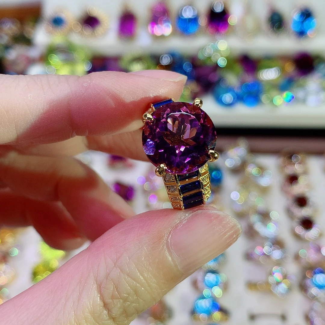紫晶戒指银S925镀金镶嵌
