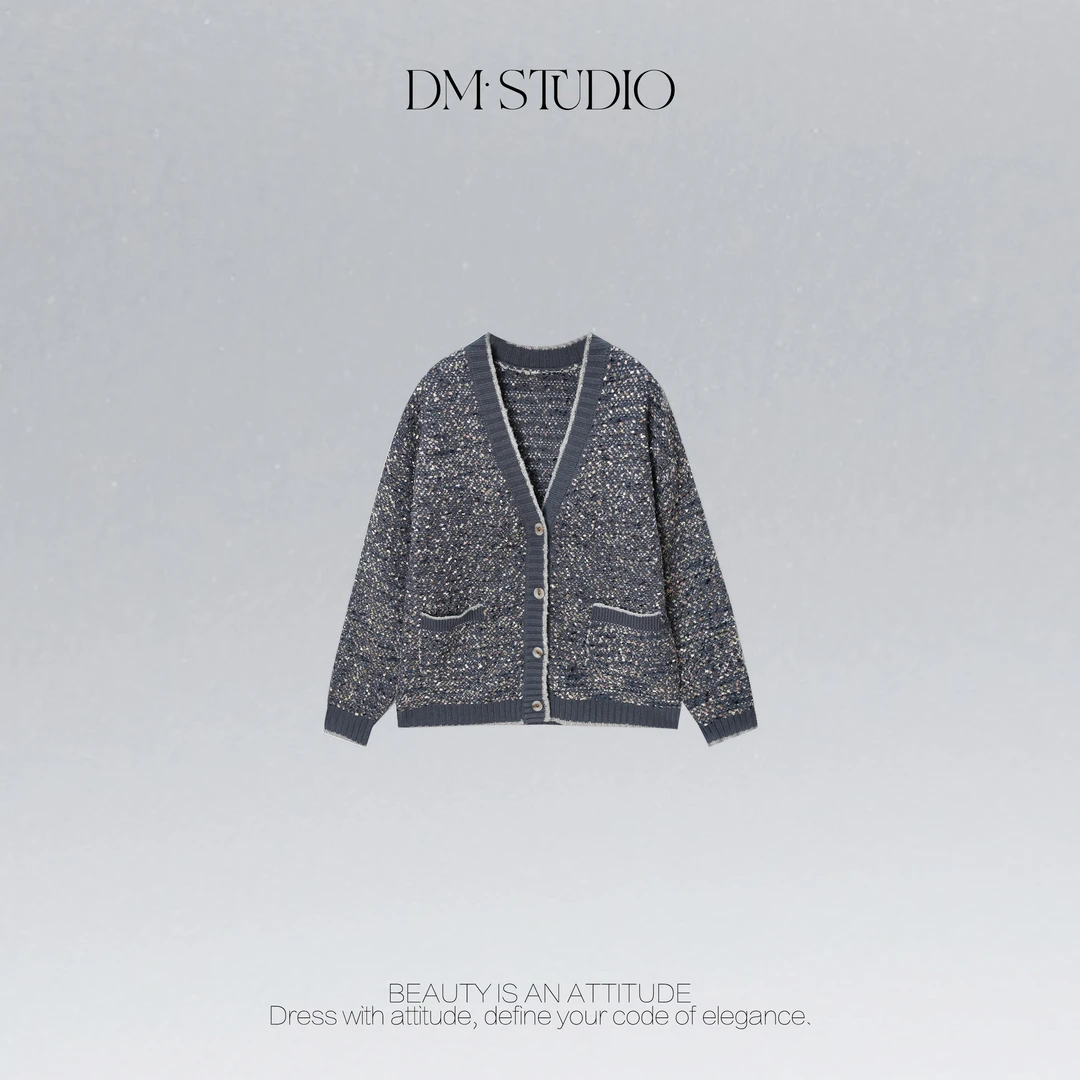 DEDM•STUDIOM精致感彩织V领休闲百搭针织撞色开衫2508ZZS/SZ61491