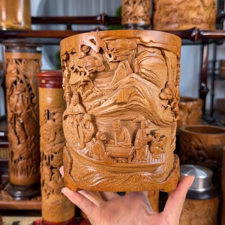 知***乐竹雕笔筒夜游赤壁