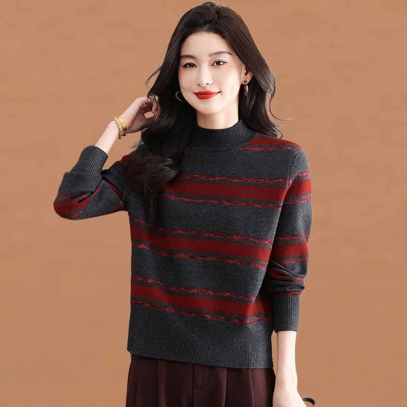 2025秋冬新款条纹撞色针织打底衫女宽松显瘦减龄洋气长袖毛衣上衣