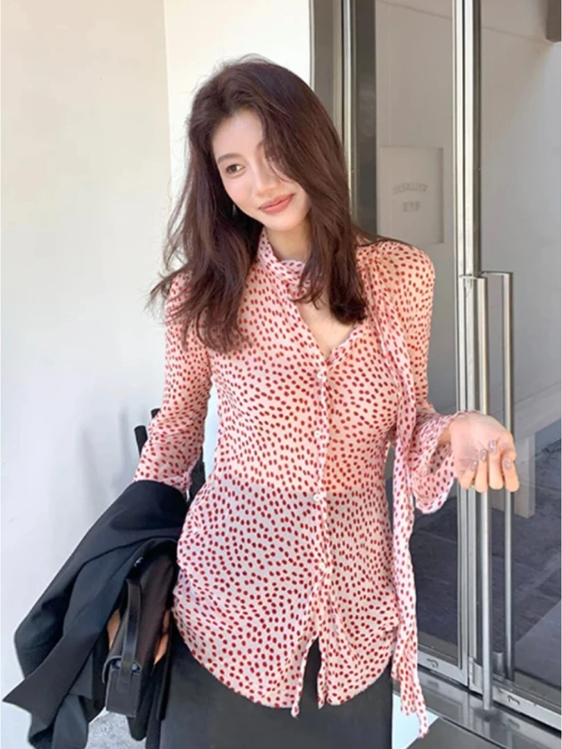 韩版气质波点长袖防晒衬衫女2025秋季新款小众设计感高级打底上衣