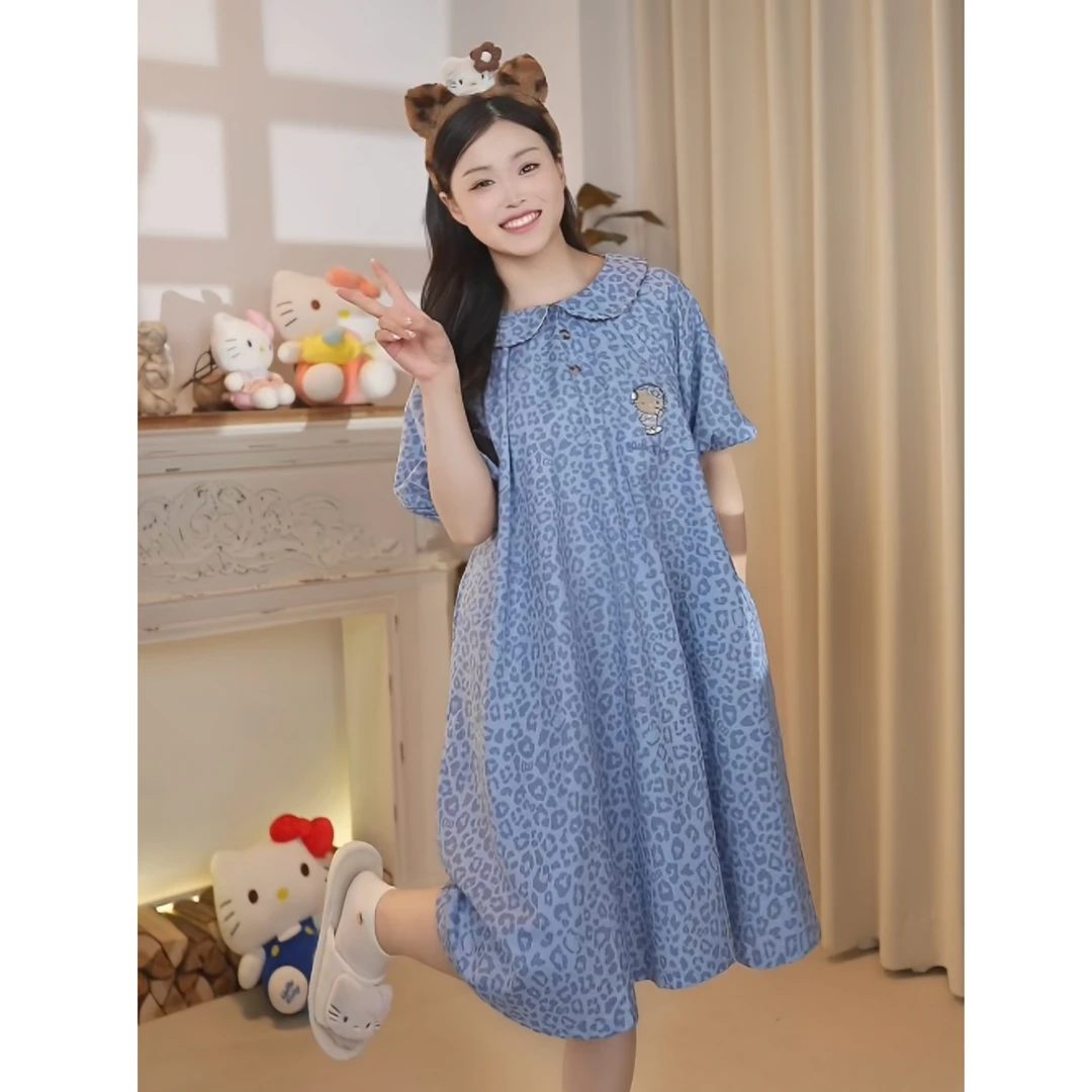 懒宅黑皮HelloKitty豹纹夏季薄款莱赛尔睡衣女宽松家居服睡裙