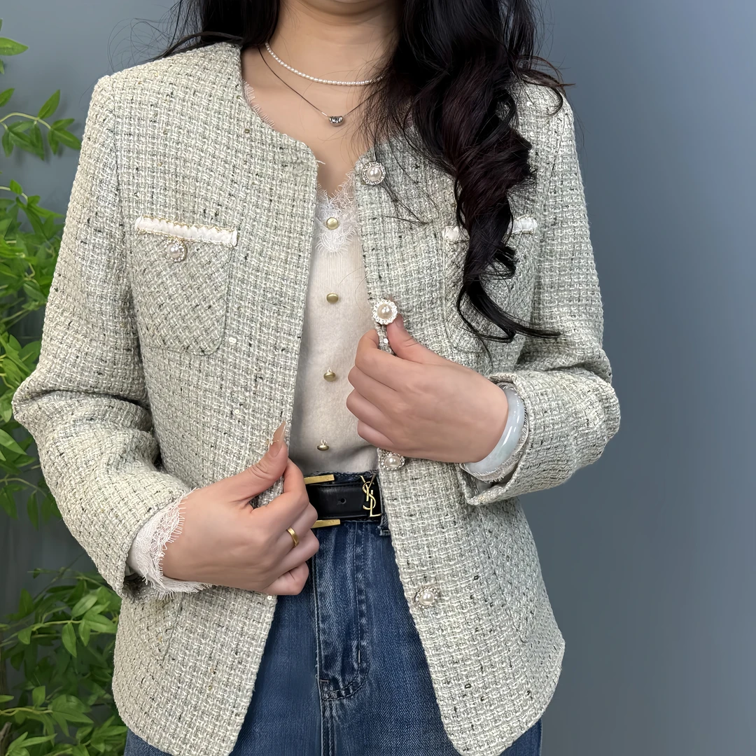 春季新品亮片小香风轻奢外套修身显瘦长袖气质上衣休闲百搭圆领