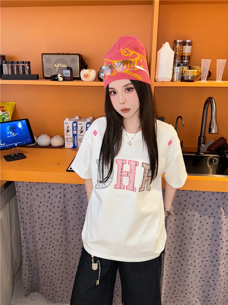 DHR彩虹短袖T恤女2025新款夏日上衣纯棉美式情侣装