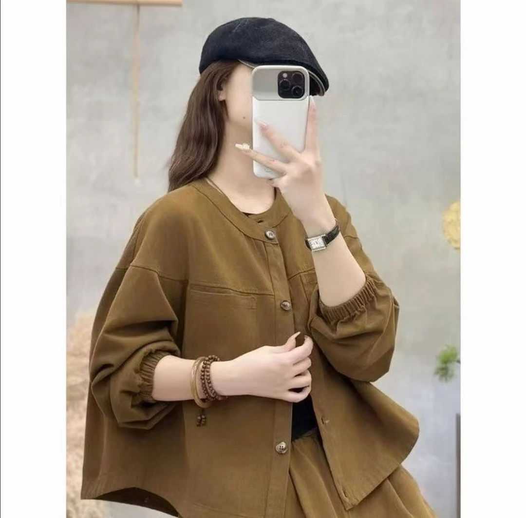 2025棒球服外套女短款宽松显瘦春秋装大码棉质立领双口袋外穿夹克