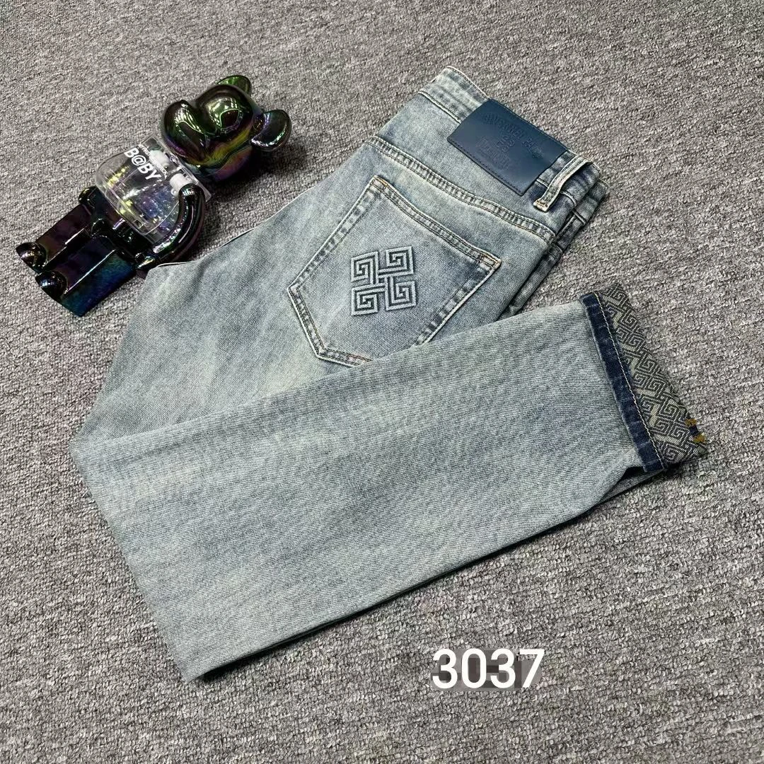 潮流夏季新款小脚裤子男士时尚蓝色复古牛仔裤韩版弹力修身九分裤