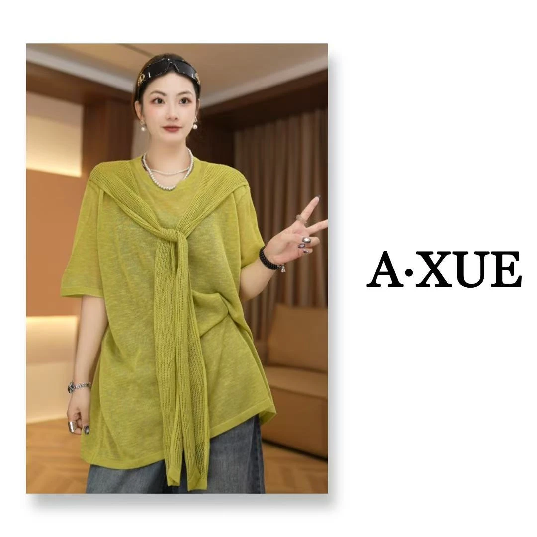 【半岛风琴】2025夏款时尚披肩假两件纯色百搭洋气T恤中袖宽松上衣