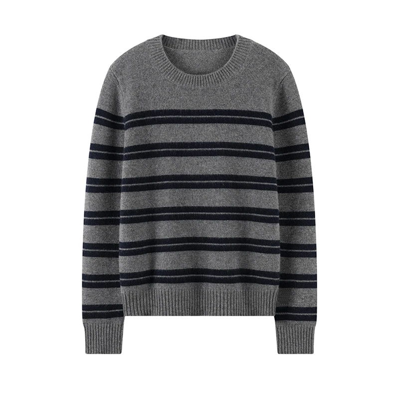 禾家同款秋冬女士100%山羊绒条纹圆领羊绒衫针织衫复古打底衫毛衣