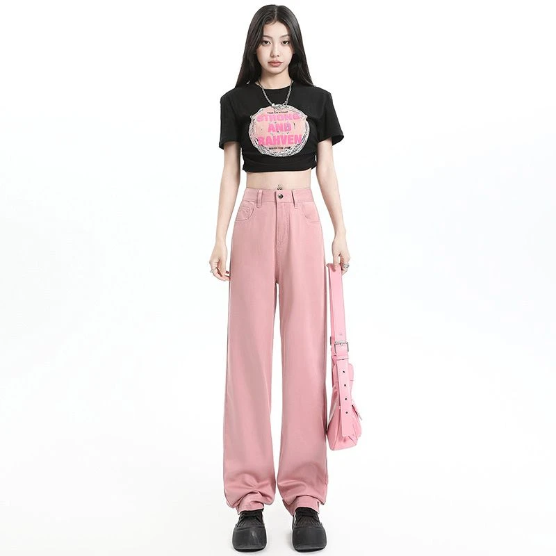 粉色莱赛尔显瘦阔腿牛仔裤女2025夏季新款直筒高腰窄版拖地裤子薄