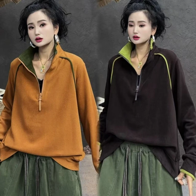 【亿火】秋季新款拼接常规款拉链厚款立领长袖拼色卫衣G12-24120