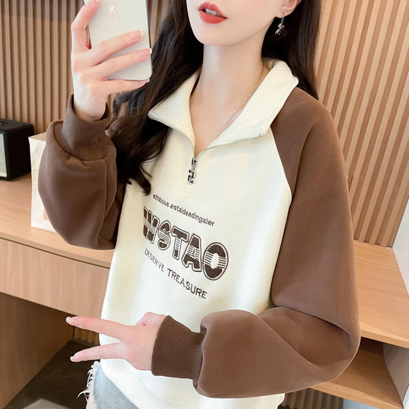 半拉链卫衣女2025新款爆款春秋宽松薄款polo领小个子撞色上衣外套